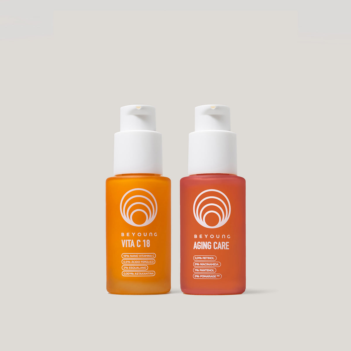 Kit de dois séruns Beyoung: Vita C 10 em frasco laranja com válvula pump branca, formulado com nano vitamina C, ácido ferúlico e astaxantina, e Aging Care em frasco vermelho com válvula pump branca, formulado com retinol, niacinamida e pantenol.