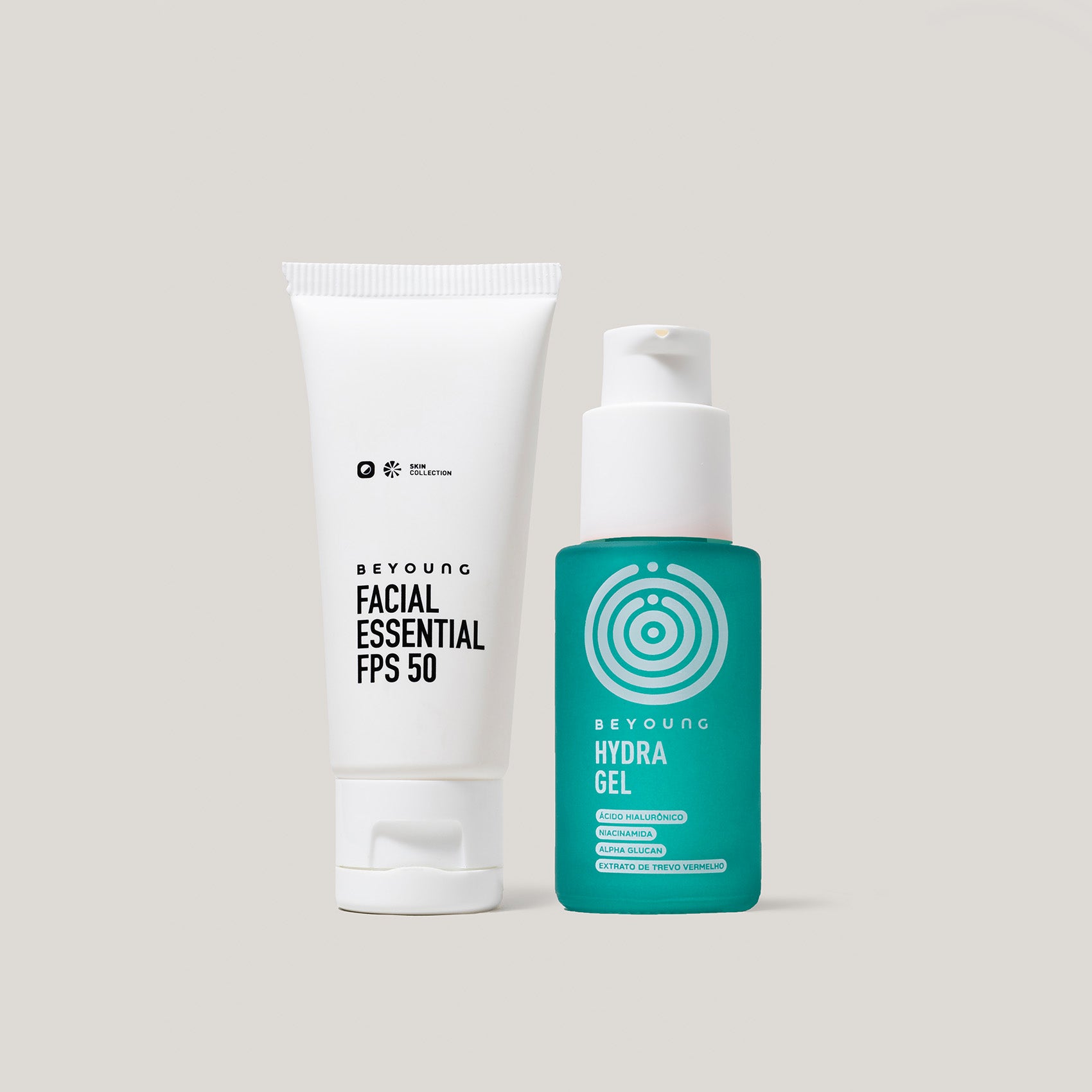 Kit de dois produtos Beyoung: protetor solar Facial Essential FPS 50 em bisnaga branca e hidratante Hydra Gel em frasco verde com válvula pump branca.