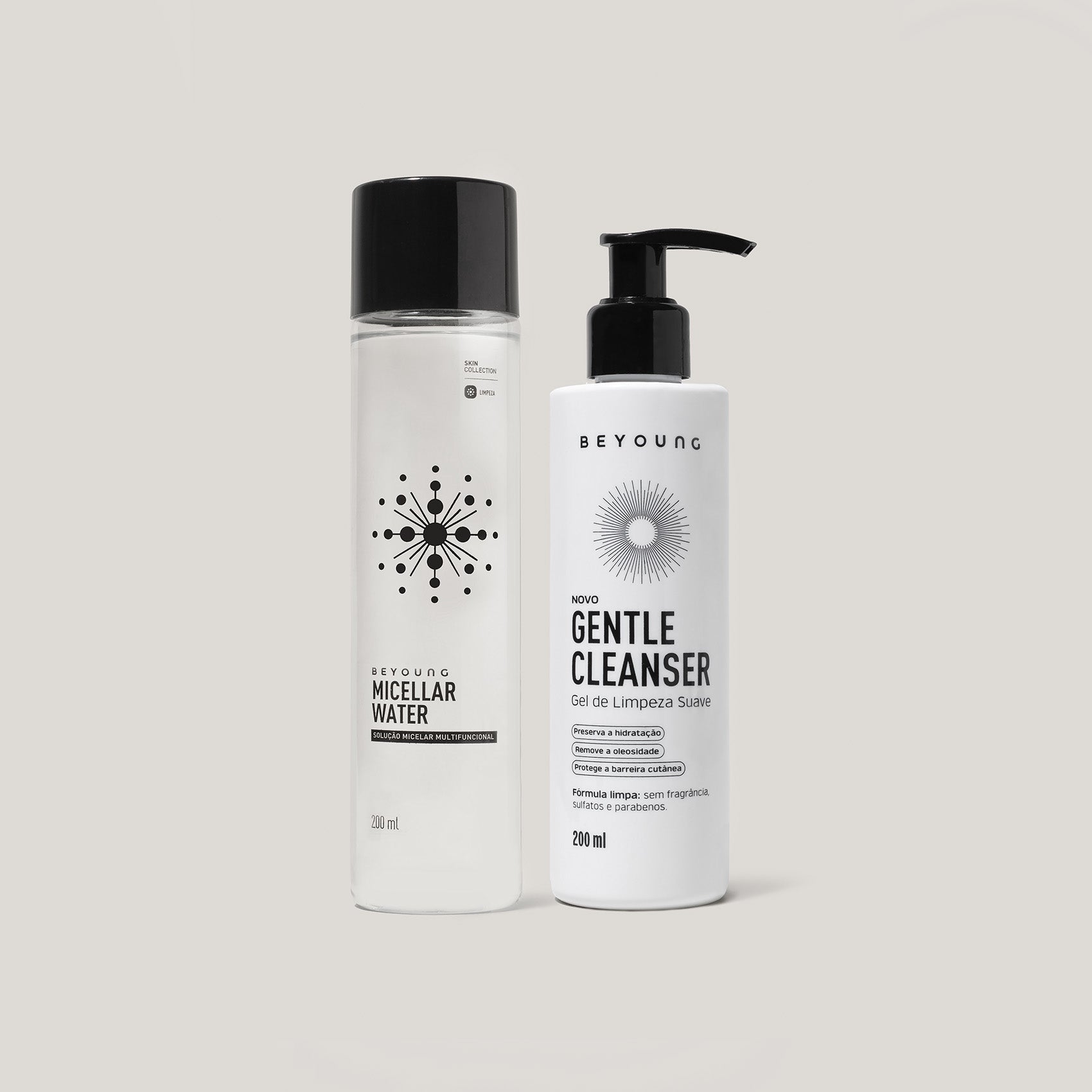 Kit de dois produtos Beyoung: Água Micelar em frasco transparente de 300 ml com tampa preta e Gentle Cleanser em frasco branco de 200 ml com válvula pump preta.