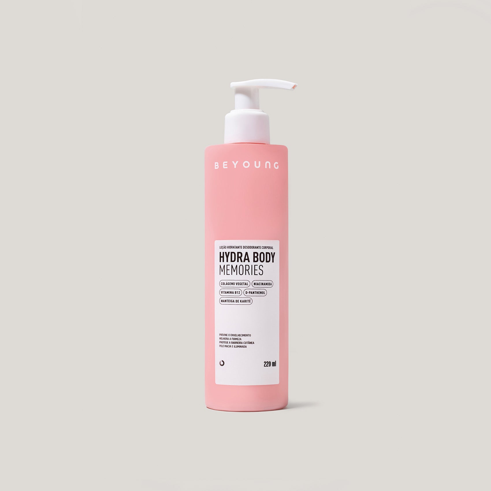 Hidratante corporal Beyoung Hydra Body Memories em frasco rosa de 220 ml com válvula pump branca, formulado com colágeno, pantenol e manteiga de karité.