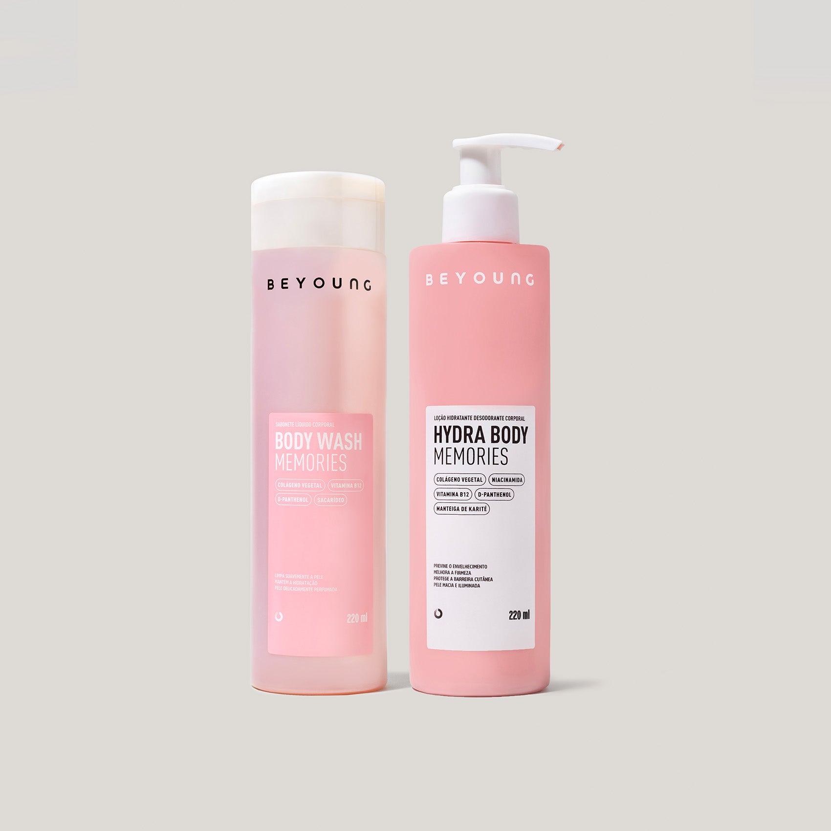Kit de banho Beyoung com dois produtos: Body Wash Memories em frasco rosa de 220 ml com tampa branca e Hydra Body Memories em frasco rosa de 220 ml com válvula pump branca.