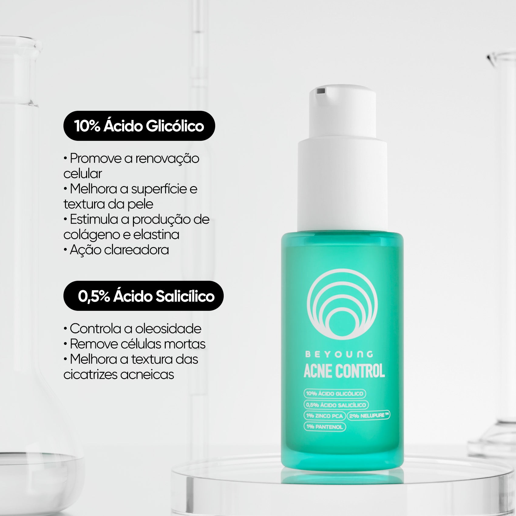 Sérum facial antiacne e oleosidade 10% ácido glicólico + 0,5% ácido salicílico.