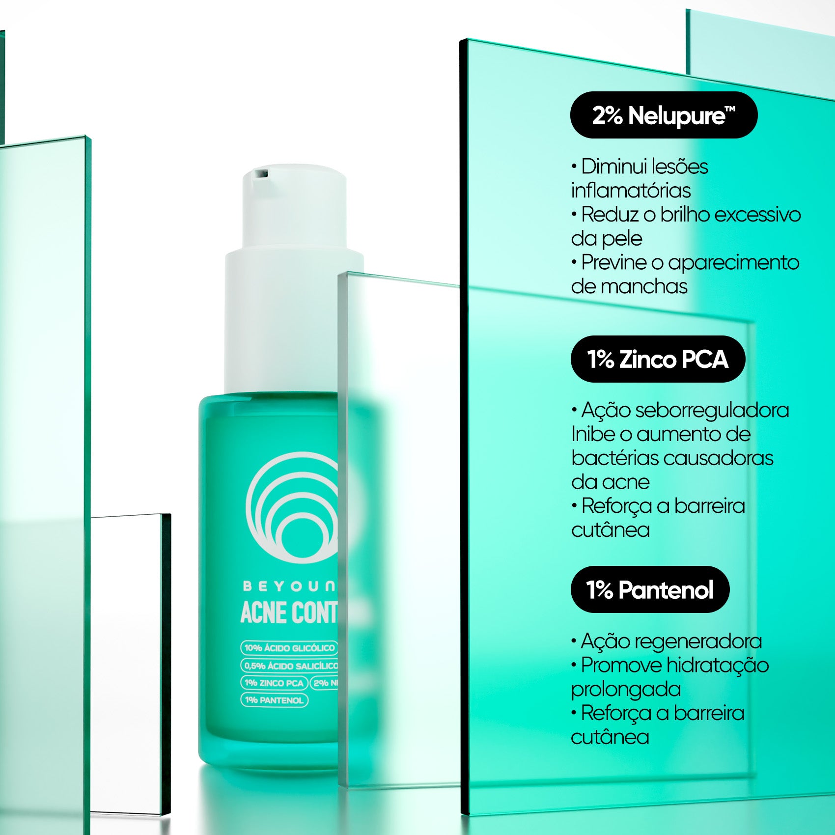 Sérum facial antiacne e oleosidade 10% ácido glicólico + 0,5% ácido salicílico.
