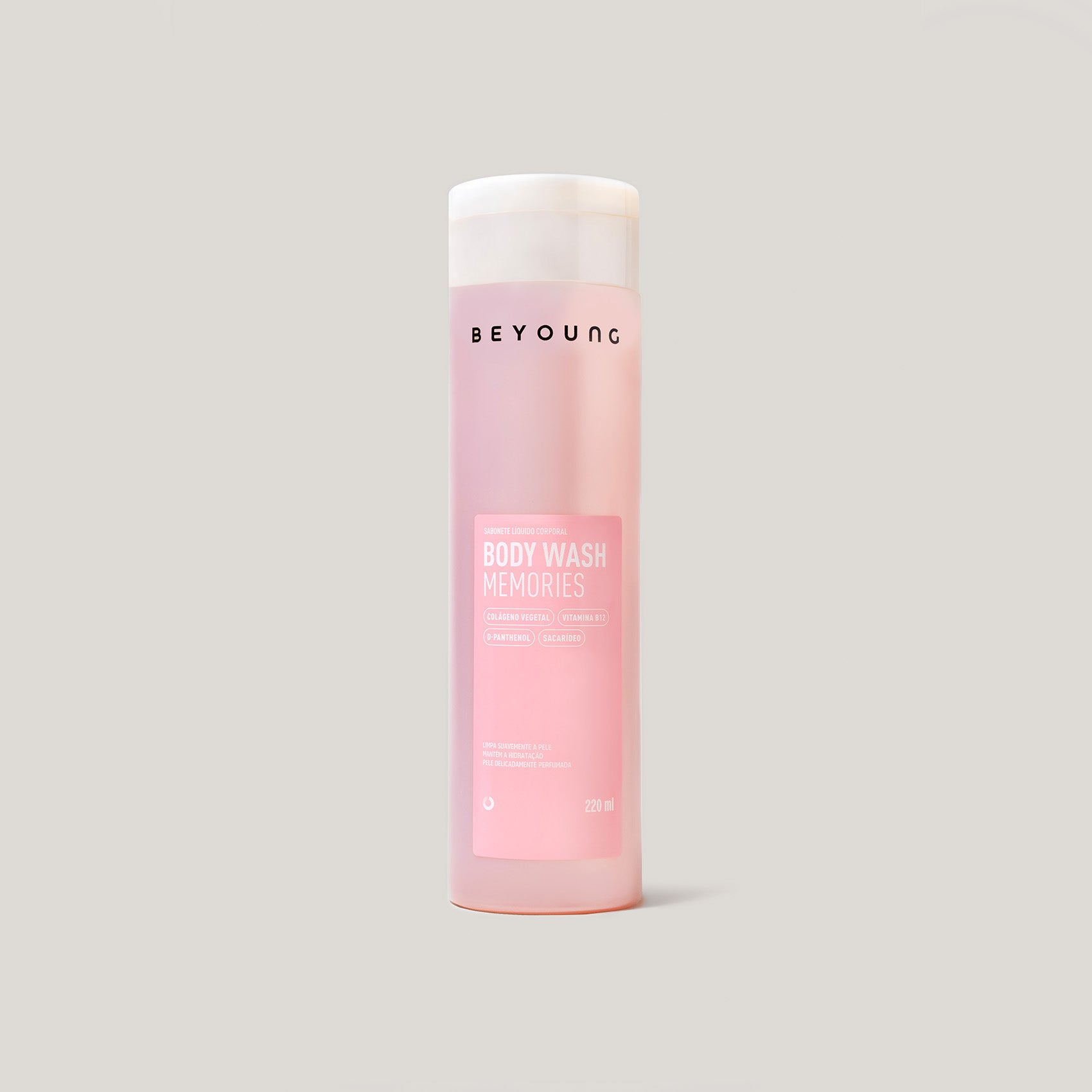 Sabonete líquido corporal Beyoung Body Wash Memories em frasco rosa de 220 ml com tampa branca, formulado com colágeno, vitamina E e pantenol.