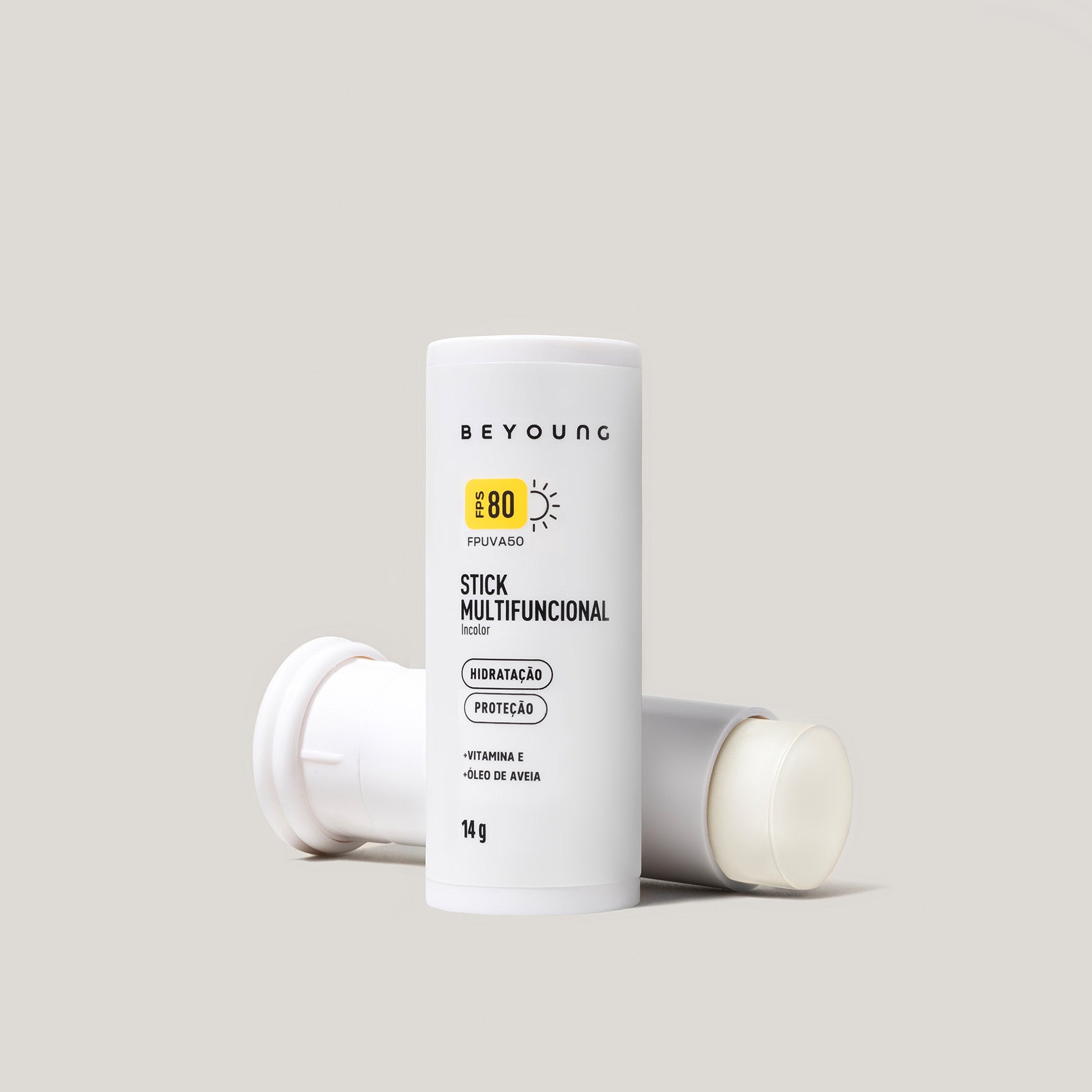 Stick Multifuncional Beyoung FPS 80 em embalagem branca, com hidratação, proteção, vitamina E e óleo de aveia.